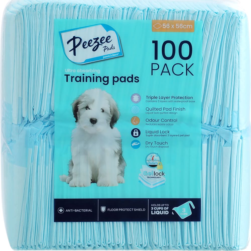Paws And Claws 56 x 56cm Antibacterial Pet Training Pads - 100 Pack