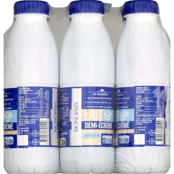 Monoprix Lait Demi-Écrémé Stérilisé Uht Les 6 Bouteilles De 500 Ml