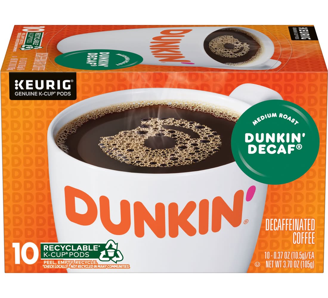 Dunkin' K-Cup Decaffeinated Medium Roast Coffee Pods (10 x 0.37 oz)