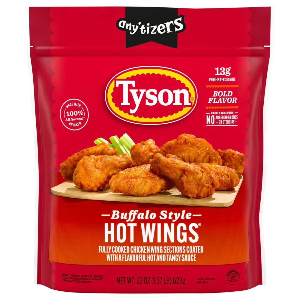 Tyson Any'tizers Buffalo Style Bone-In Chicken Hot Wings, Hot, Tangy (22 oz)