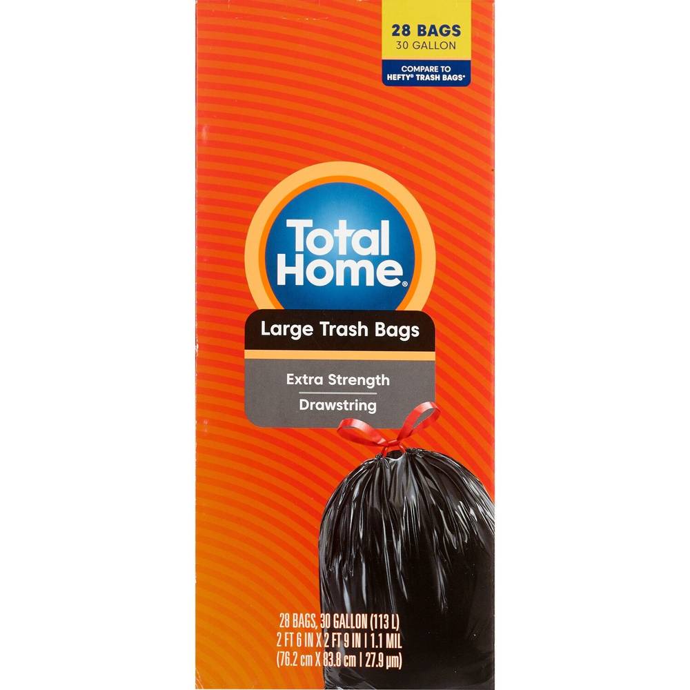 Total Home 30 Gallon Drawstring Trash Bags, 28 Ct