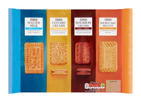 Tesco Malted Milk-Custard Creams-Bourbon Creams-Shortcake, Variety pack Biscuits (700g)