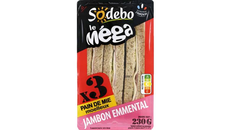Sodebo Le mega club complet au pain de mie complet garni de jambon cuit et d'emmental Le paquet de 3, 230g