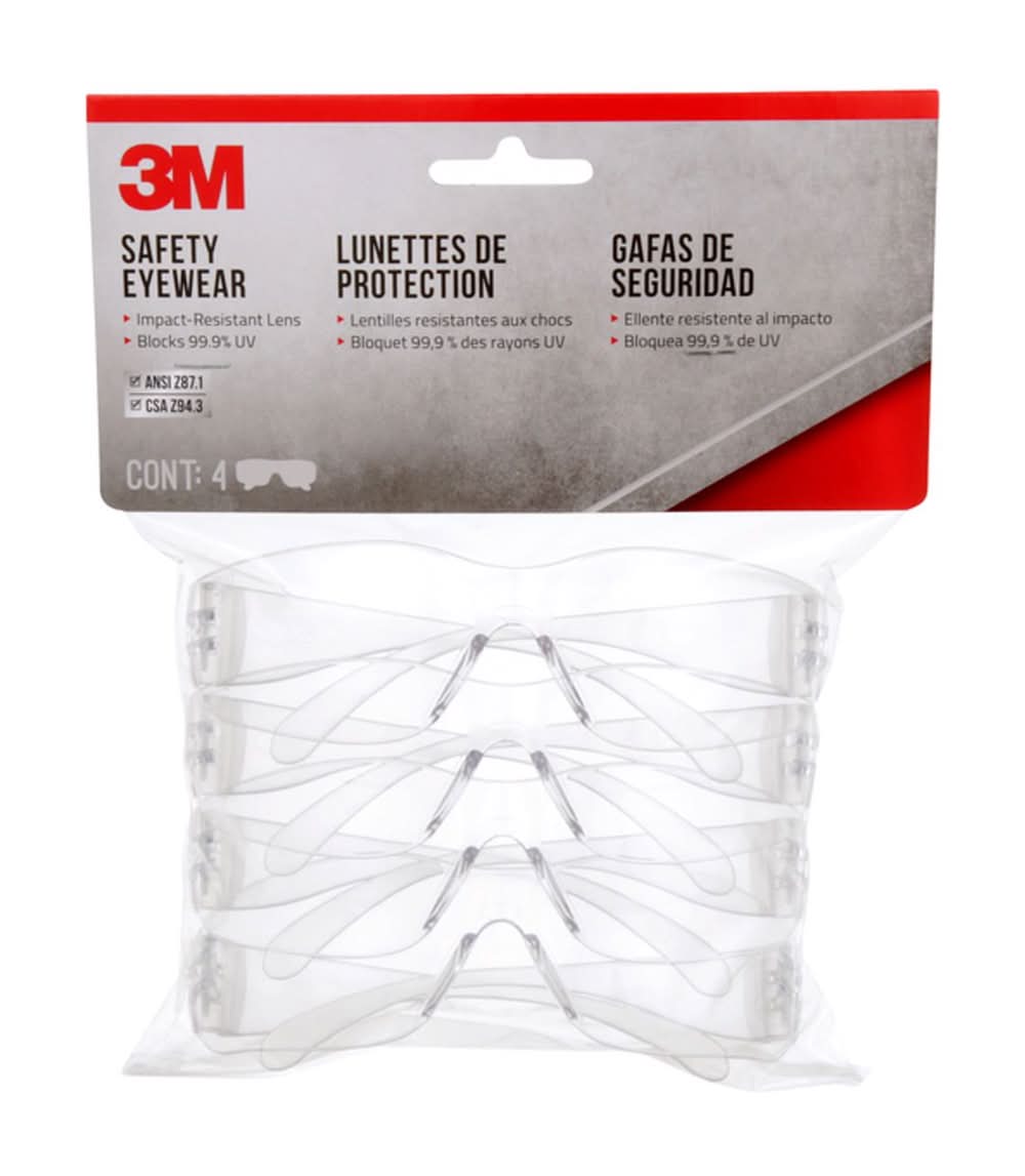 3M Impact-Resistant Safety Glasses Clear Lens Clear Frame 4 Pk