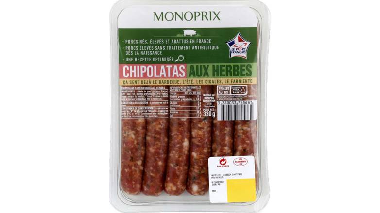 Monoprix Chipolatas aux herbes de porc {lev{ sans traitement antibiotique La barquette de 6 = 330 g