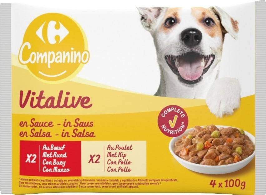 Carrefour Companino - Pâtée pour chien aux émincés de bœuf et poulet et sauce aux légumes en sachets (400g)