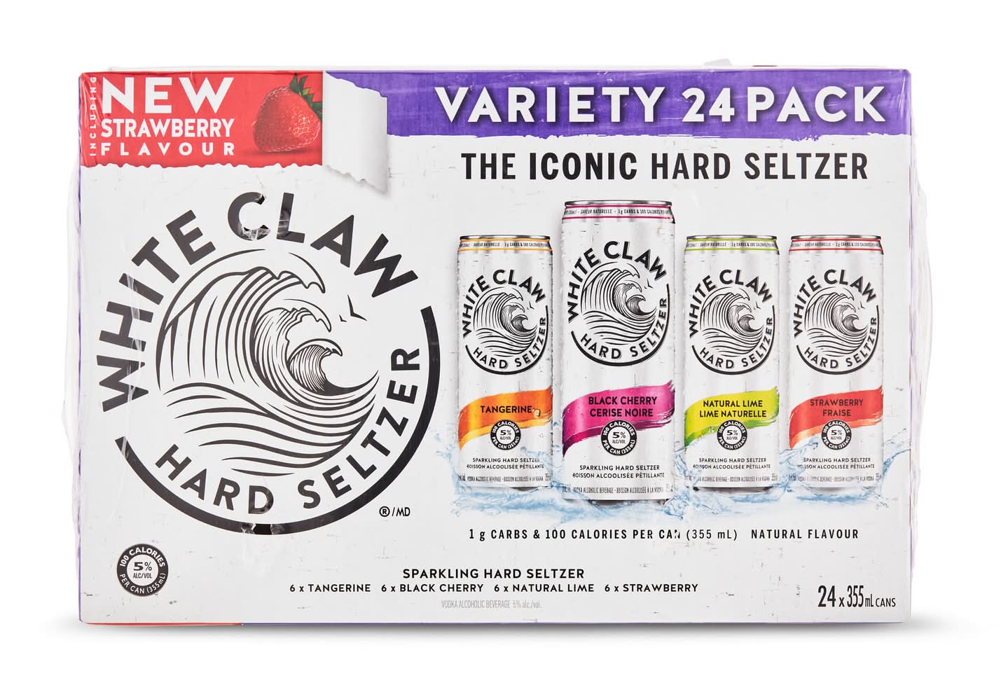 White Claw The Iconic Sparkling Hard Seltzer, Tangerine-Black Cherry-Natural Lime-Strawberry (24 x 355 ml)