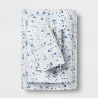 King Printed Performance 400 Thread Count Sheet Set White/Blue Floral - Threshold™: Cotton Sateen, Deep Pockets, OEKO-TEX Certified