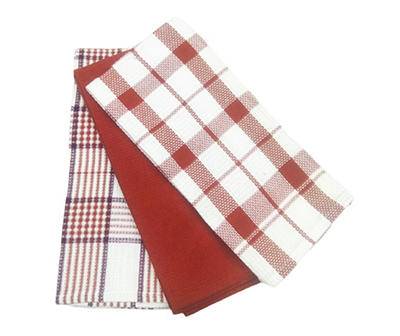 Burgundy & White Plaid 3-Pc. Kitchen Towel Set