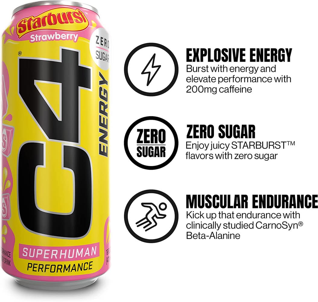 C4 Energy Zero Sugar Starburst Energy Drink, Strawberry (16 fl oz)
