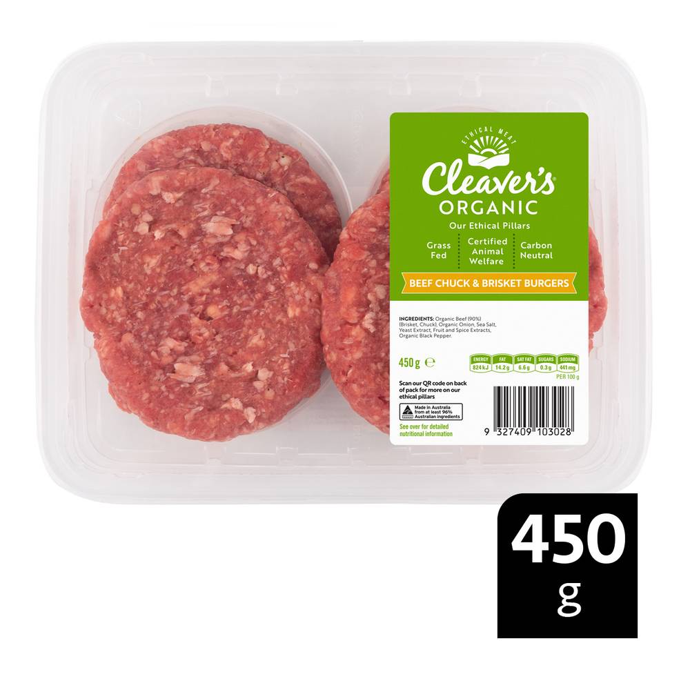 Cleaver's Organic Grass Fed Beef Burger Chuck & Brisket (450g)