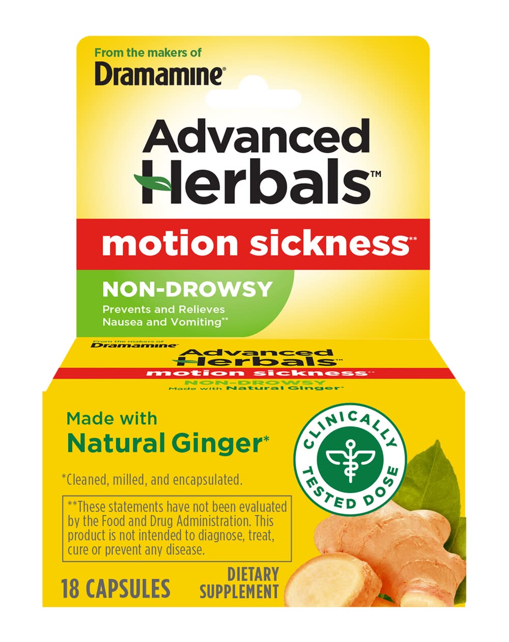 Dramamine Advanced Herbals Natural Ginger Motions Sickness Relief Capsules (18 ct)