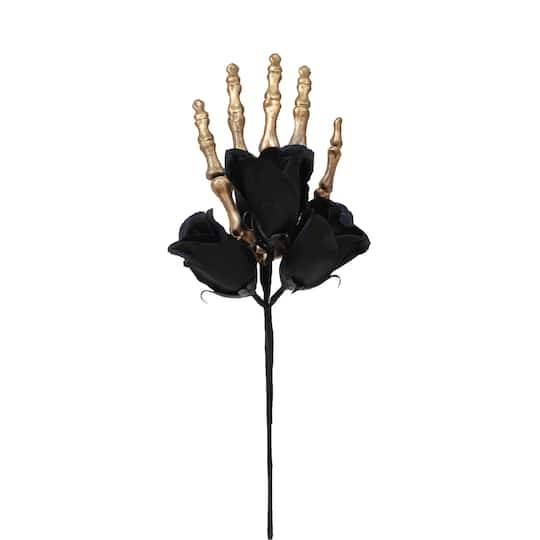 15" Black & Gold Skeleton Hand With Black Roses By Ashland