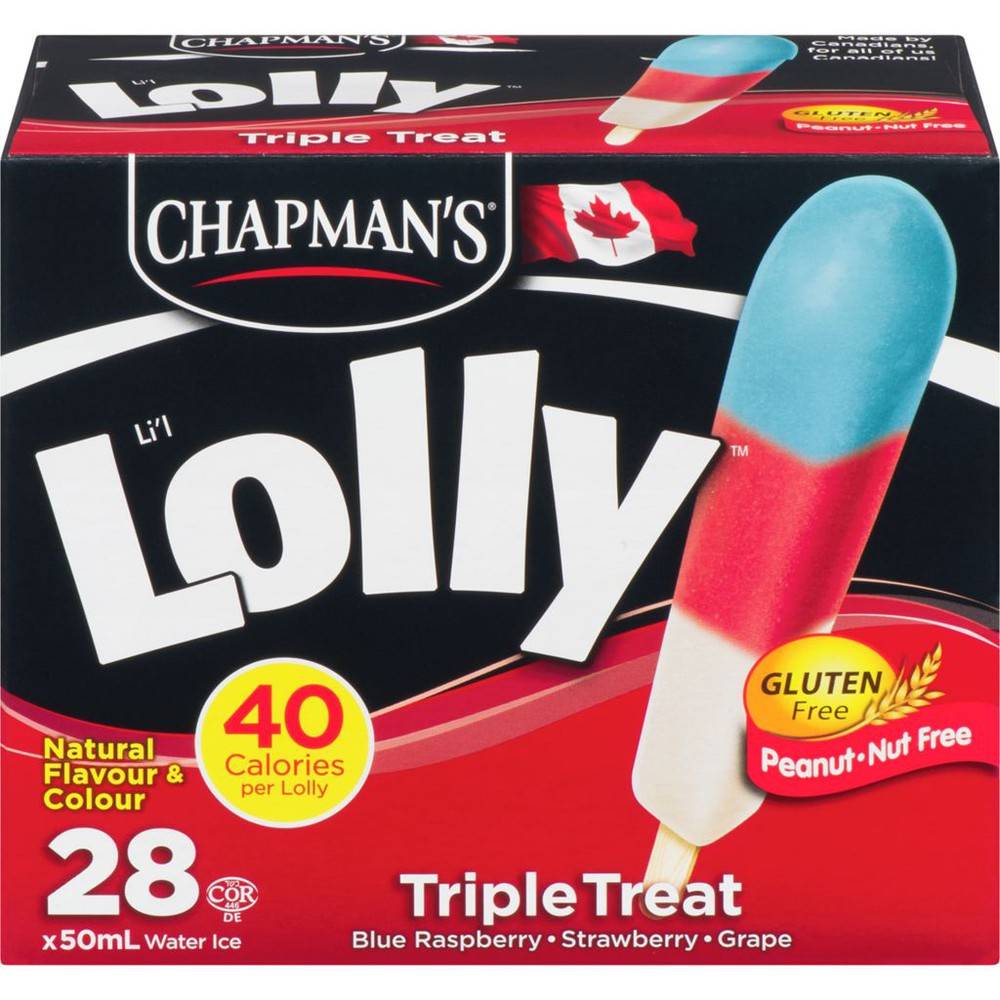 Chapman's Triple Treat Lolly Ice Cream, Blue Raspberry-Strawberry-Grape (28 x 50 ml)