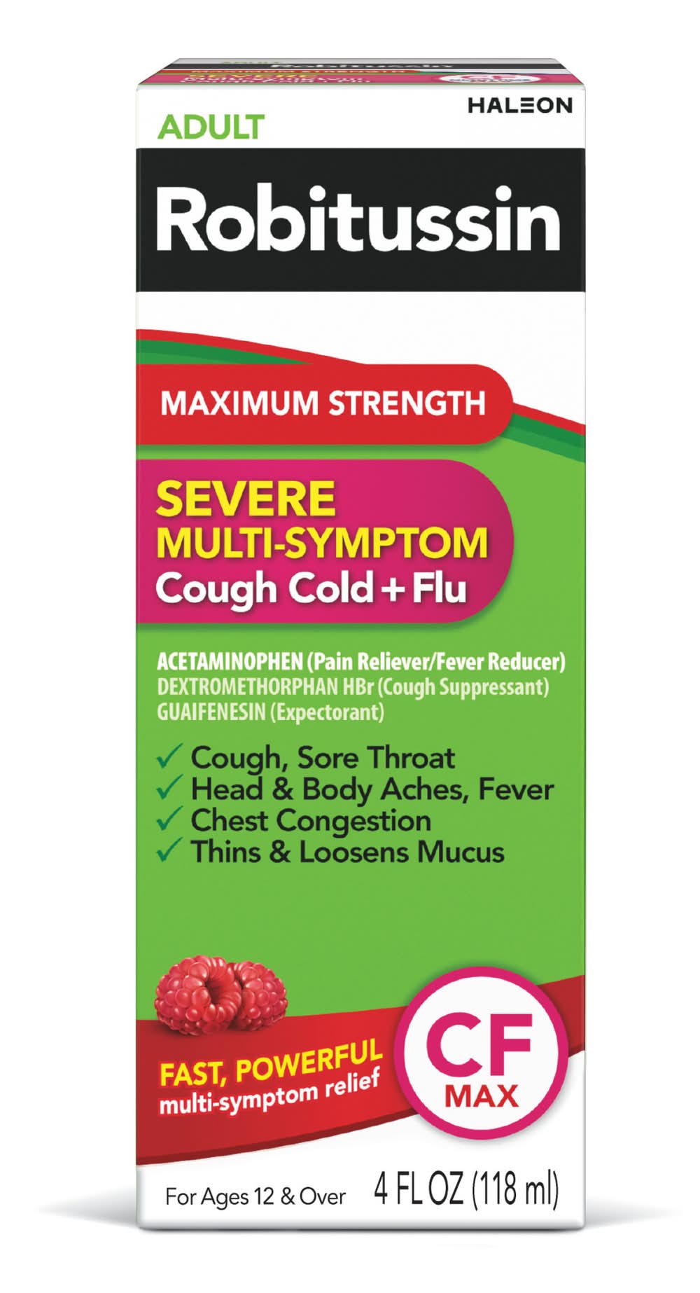 Robitussin Maximum Strength Adult Powerful Multi Symptom Relief, Raspberry Mint (4 fl oz)
