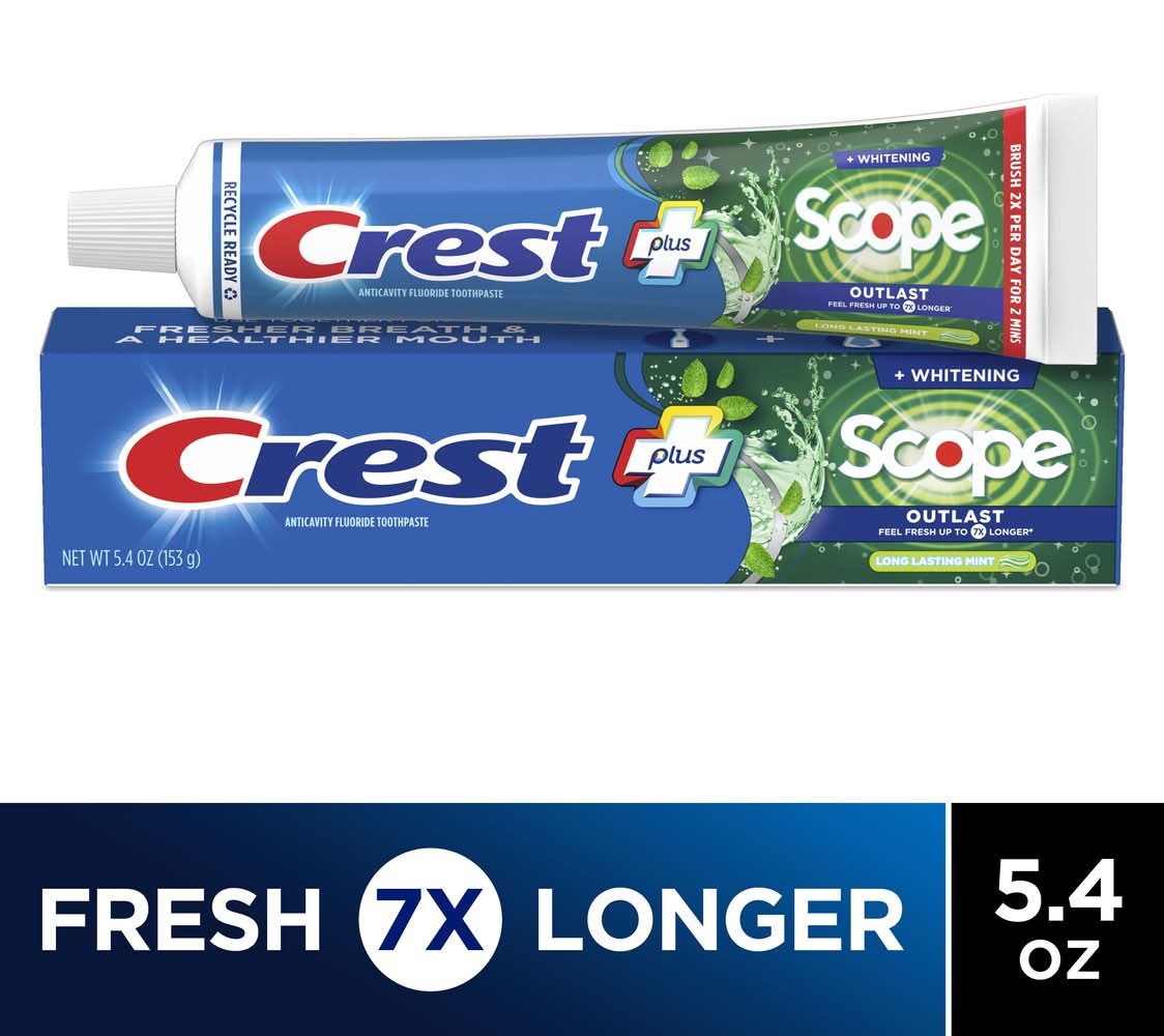 CREST Plus Scope Outlast Whitening Long Lasting Fluoride Toothpaste, Mint (5.4 oz)
