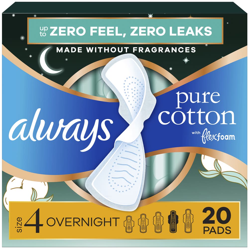 Always Pure Cotton With Flexfoam Overnight Absorbency Pads With Wings, 4 (20 ct)