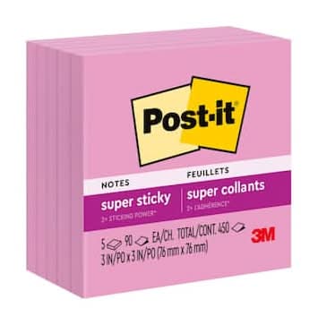 Post-It Super Sticky Notes 3" X 3", Neon Pink Pads