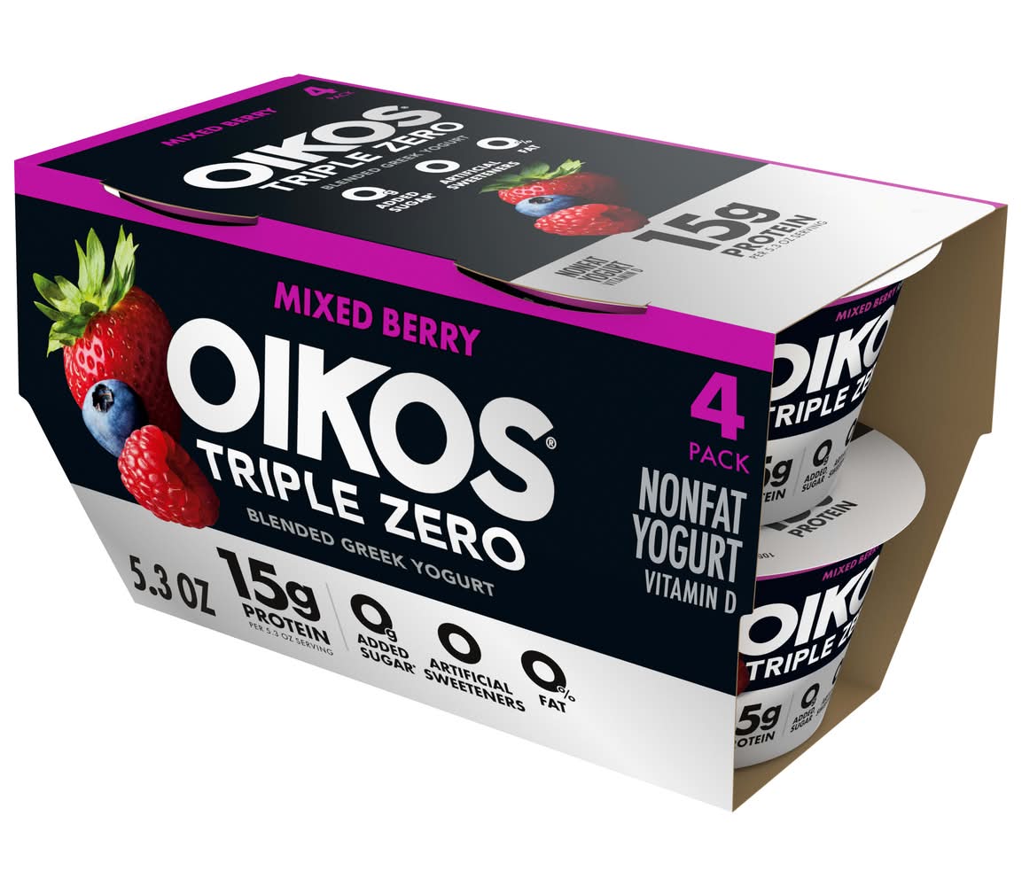Oikos Triple Zero Blended Greek Yogurt, Mixed Berry (4 x 5.3 oz)