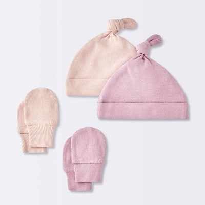 Cloud Island Baby Girls Hat and Mitten Combo Bonnets, 0-3M, Pink (2 ct)