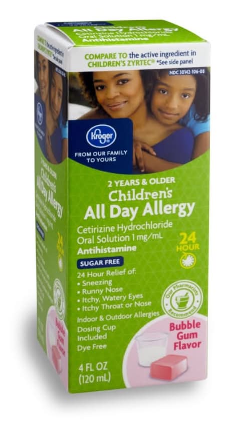 Kroger Children's Cetirizine Hcl 24 Hour Allergy Relief Sugar Free Liquid, Bubble Gum (4 fl oz)