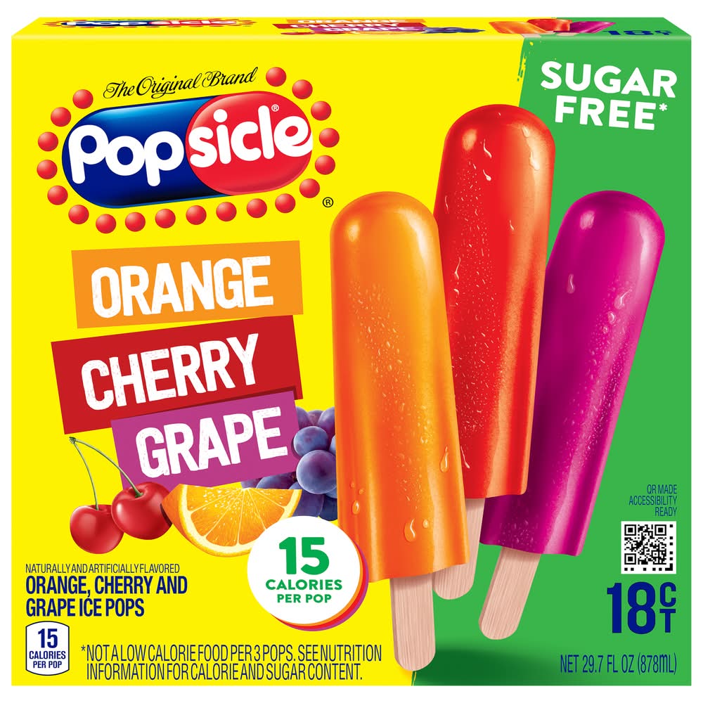 Popsicle Sugar Free Ice Pops, Orange/Cherry/Grape (29.7 fl oz, 18 ct)