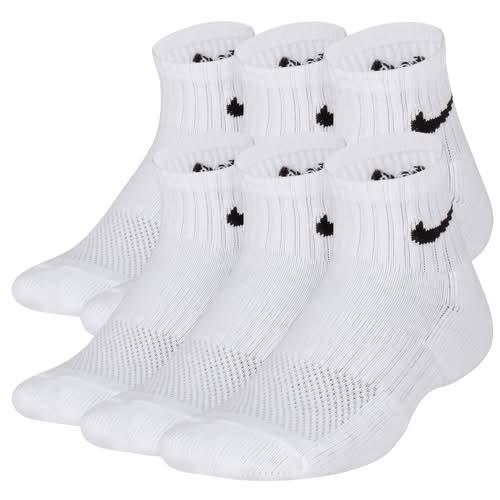 Nike Boys 6 Pack Cushioned Quarter Socks - White/Black Size M
