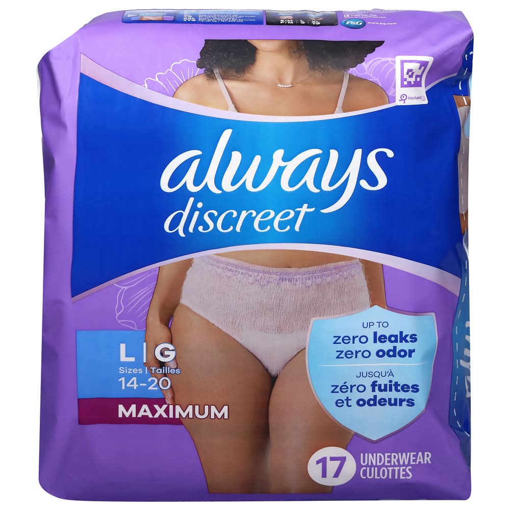 Always Discreet Maximum Absorbency Incontinence Underwear, L, Peony Pink (17 ct)