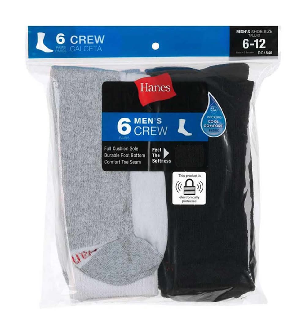 Hanes Men'S Crew Socks- Assorted White & Black 6 Pack Shoe Size 6-12