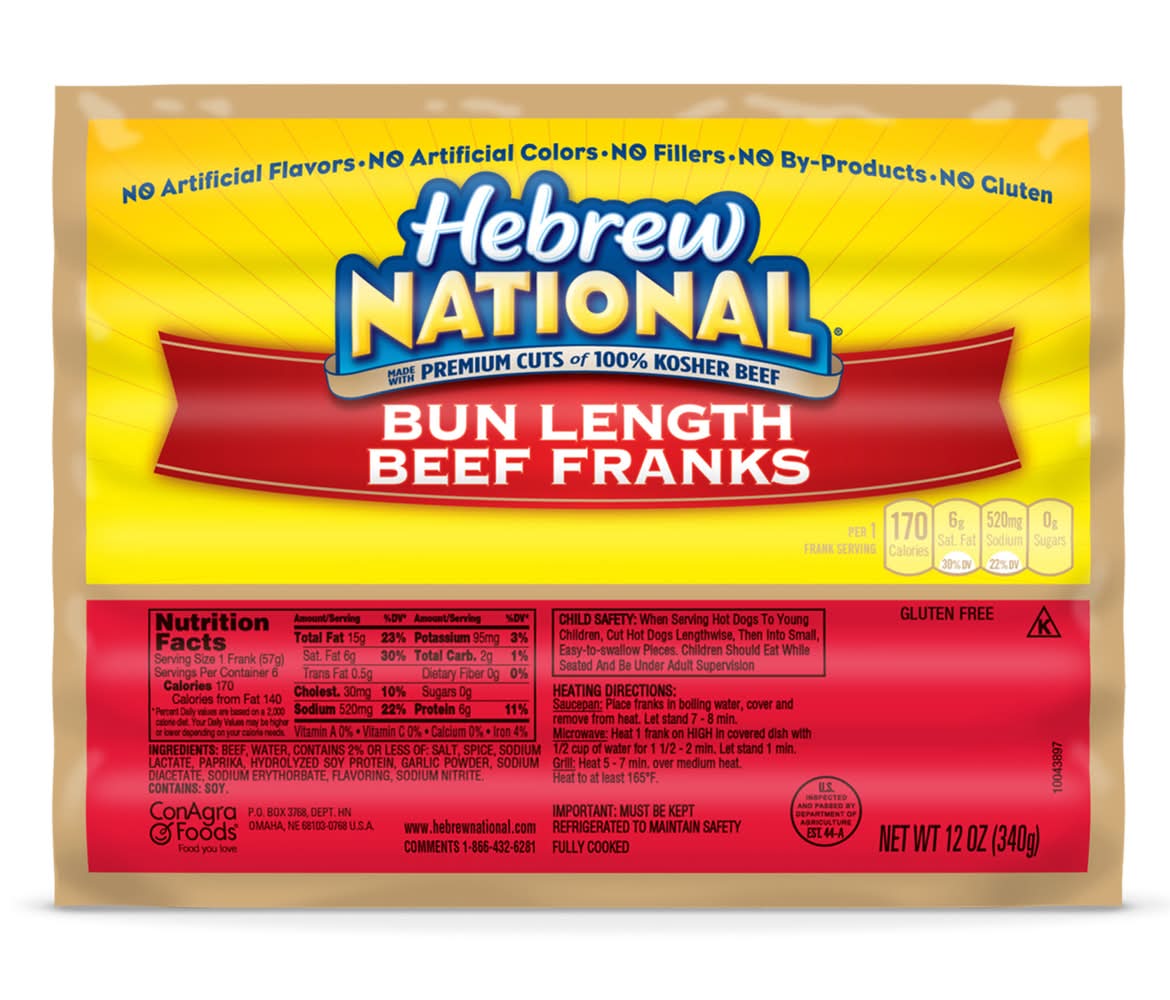Hebrew National Bun Length Beef Frank (12 oz, 6 ct)