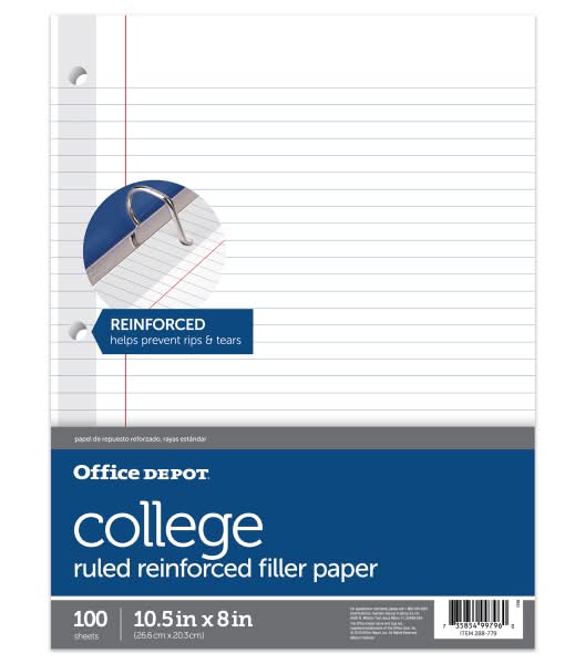 Office Depot® Brand Reinforced Filler Paper, 8" x 10-1/2", College Ruled, White, Pack Of 100 Sheets
