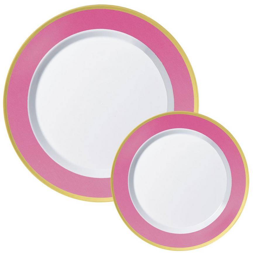Round Premium Plastic Dinner (10.25in) Dessert (7.5in) Plates with Bright Pink Gold Border , 20ct
