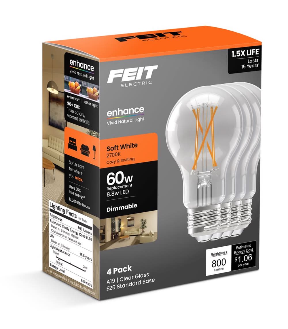 Feit Enhance A19 E26 (Medium) Filament Led Bulb Soft White 60 Watt Equivalence 4 Pk