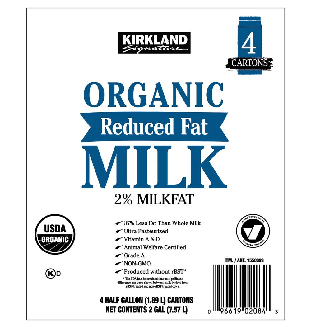 Kirkland Signature Organic 2% Milk, 1/2 gal, 4-count