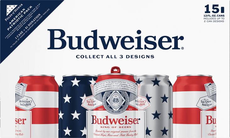Budweiser American Patriotic Lager Beer (15 ct, 12 fl oz)