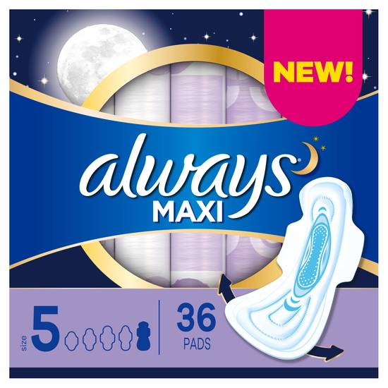 Always Maxi Size 5 Extra Heavy Overnight Pads With Wings Unscented, 36 Count