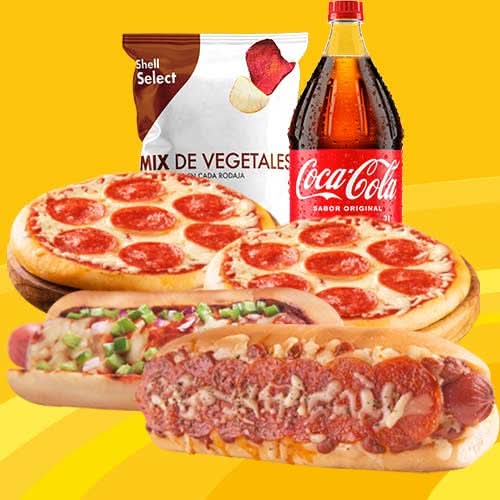 Combo Amigos - 2 Pizzas personales y 2 hot dogs premium + Coca Cola 2litros + Mix de Vegetales Shell Select 120g