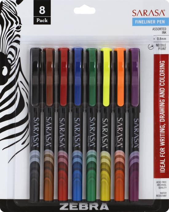 Zebra Sarasa Fineliner Pen, Needle Point, 0.8mm, Assorted, 8-Count