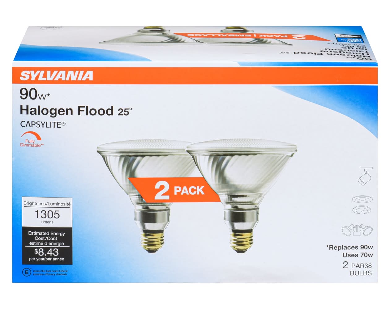 Sylvania 90W Dimmable Halogen Flood Bulbs, 2-Pack