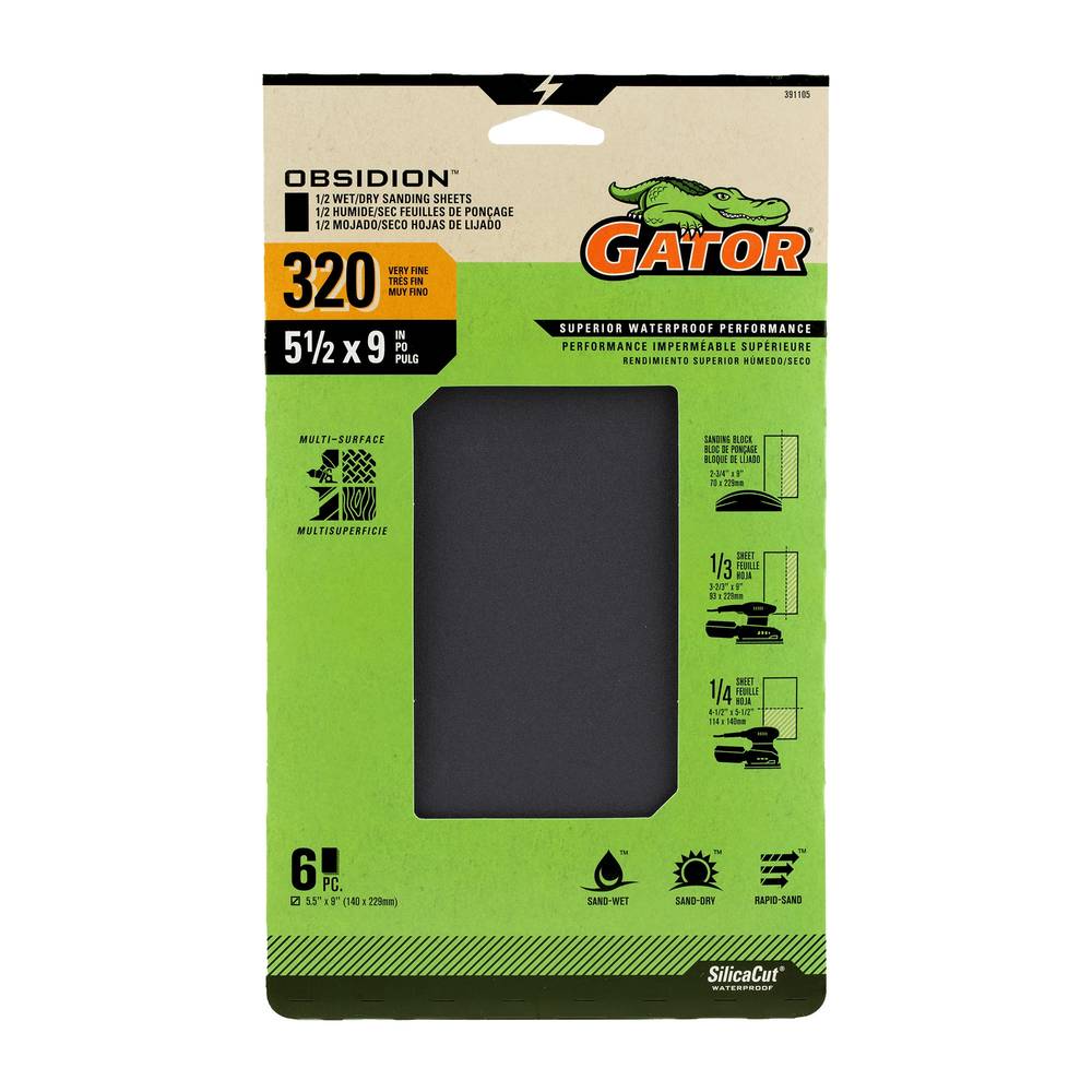 Gator Obsidion 6-Piece Silicon Carbide 320-Grit Sheet Sandpaper | 391105