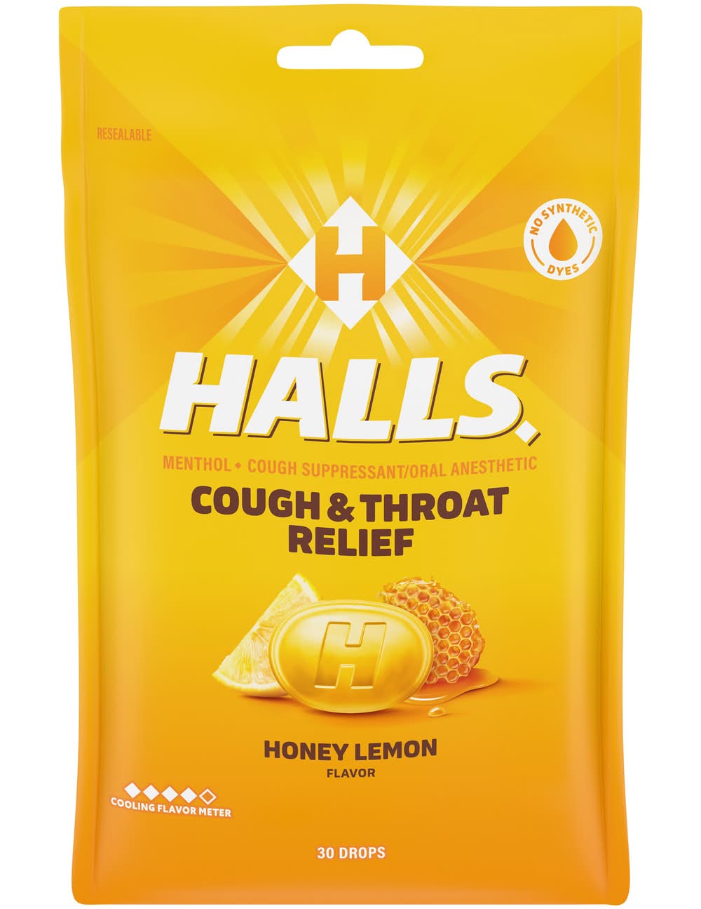 Halls Menthol Cough & Throat Relief Suppressant Drops, Honey Lemon (30 ct)