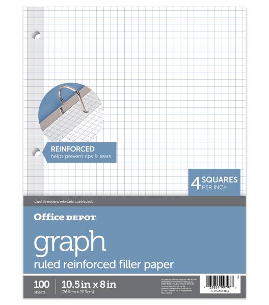 Office Depot® Brand Reinforced Filler Paper, 8" x 10-1/2", Quadrille Ruled, White, Pack Of 100 Sheets