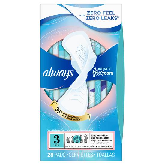Always Infinity FlexFoam Pads for Women, Size 3, Extra Heavy Absorbency, Unscented, 28 Count