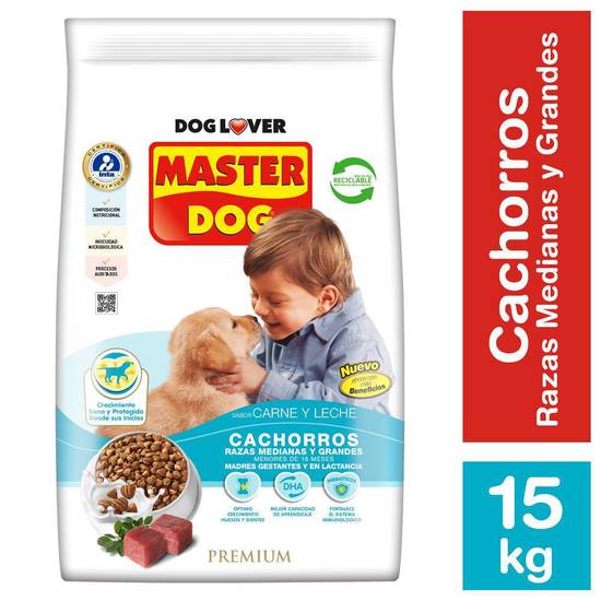 Master dog alimento perro cachorro raza mediana y grande sabor carne leche (bolsa 15 kg)