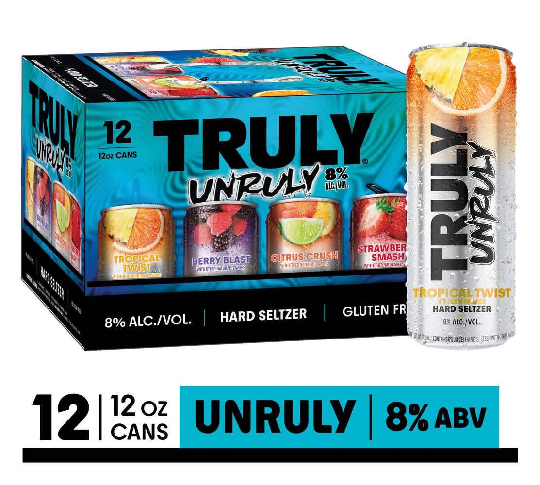 Truly Gluten Free Unruly Hard Seltzer Variety pack, Tropical Twist-Berry Blast-Citrus Crush-Strawberry Smash (12 x 12 oz)