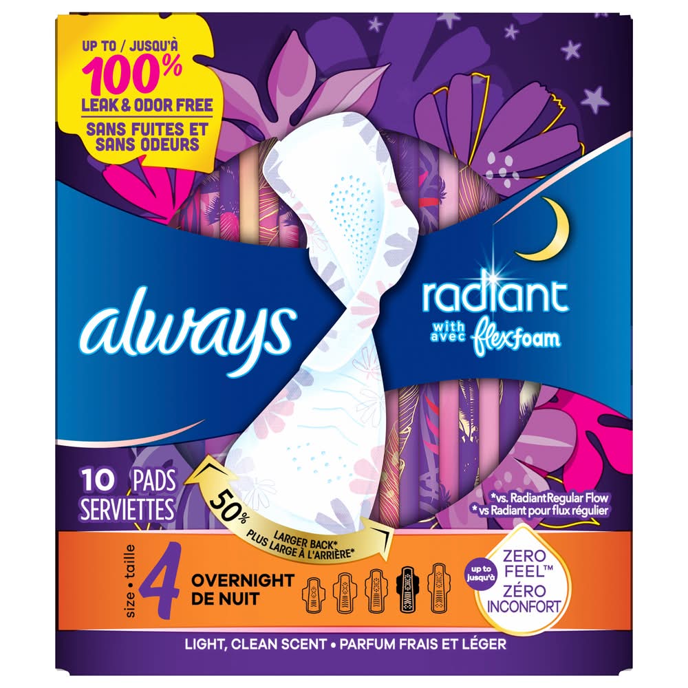 Always Radiant Flexi Foam Wings Overnight Pads, Size 4 (4.8 oz, 10 ct)
