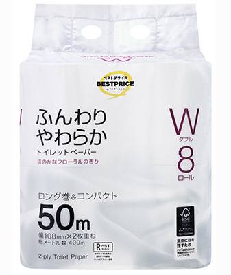 トップバリュ ふんわりやわらかロングトイレットペーパーダブル - ほのかなフローラルの香り, 50m/1ロール (8 入)