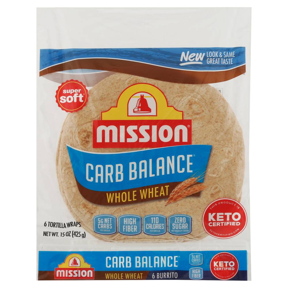 Mission Carb Balance Super Soft Wheat Burrito Tortilla Wraps, Whole (15 oz, 6 ct)