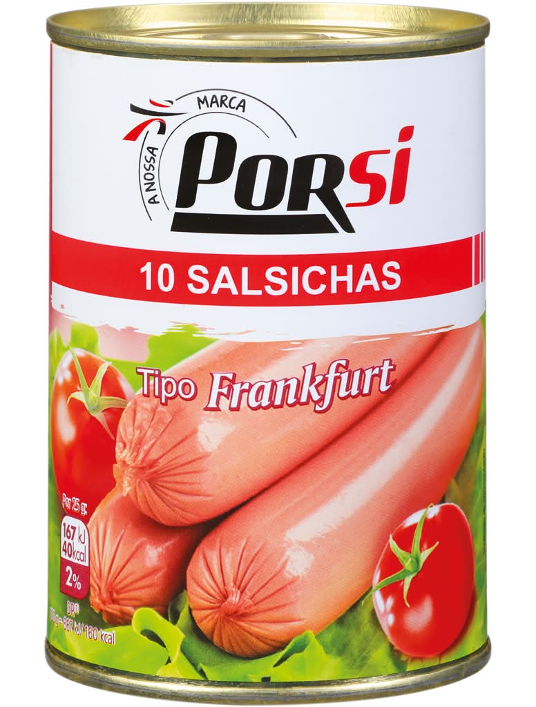 Porsi  - 10 salsichas de porco em lata, embalagem de 250g