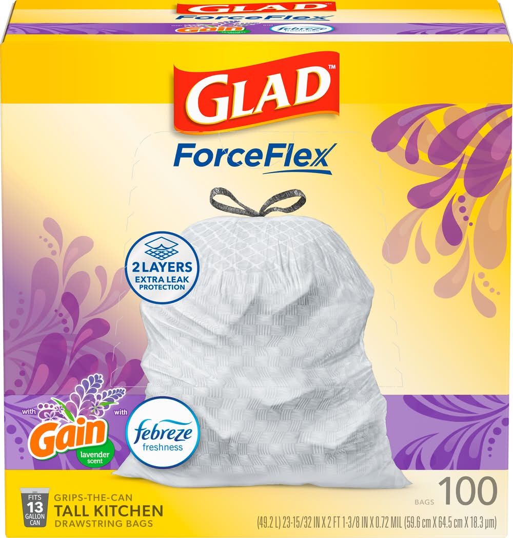 Glad Forceflex Tall Kitchen Trash Bags, Gain Lavender, White (100 ct)